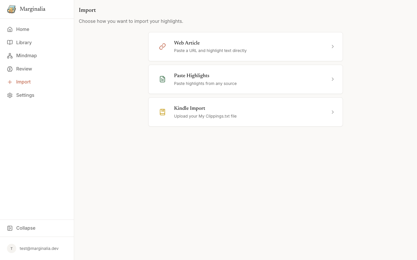 Marginalia - Import methods: web article, paste, Kindle